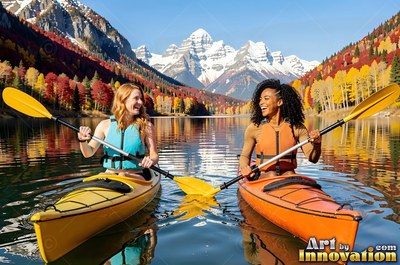 On a calm mountain lake, two grinning women paddle bright kayaks side by side
