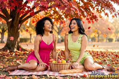 Laughing together at a picnic, two adult women sit under a red autumn tree