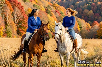 Two women in blue ride horses across an autumn field