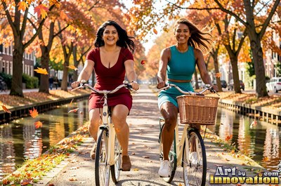 Two woman friends ride bicycles along a canal lined with autumn trees