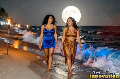 Dressed in blue and bronze satin dresses, two women walk along a moonlit beach