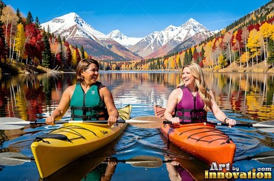 Both women paddle bright kayaks across a mountain lake in crisp autumn sunlight