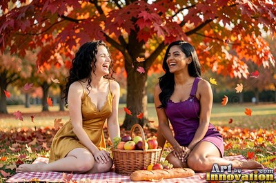 Sitting on a blanket under an autumn tree, two smiling women have a picnic