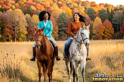 Two smiling women are riding horses through a sunny field near colorful autumn trees