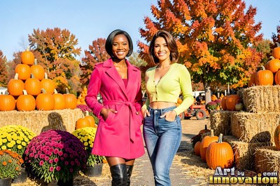 At an autumn pumpkin patch, two grinning women pose by hay bales and orange pumpkins