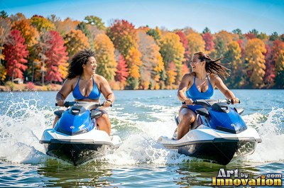 Riding jet skis on a lake, two happy women in blue swimsuits turn to each other