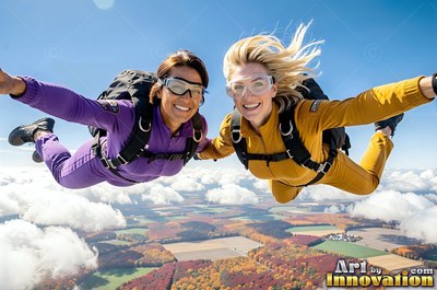 Two women skydive hand in hand over clouds, smiling in bright daylight