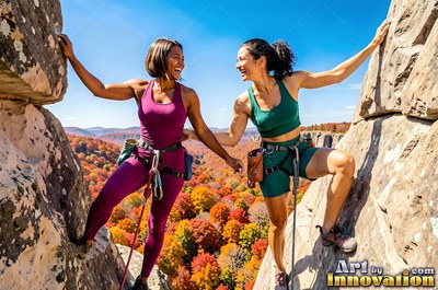 Standing on a rocky cliff, two smiling women in purple and green climb in bright sun