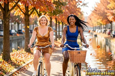 Two cheerful women ride bicycles along a canal lined with fall trees