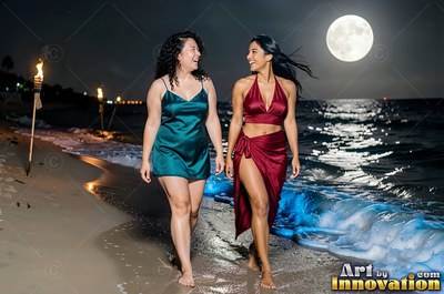 On a moon lit beach, two women walk barefoot beside bright blue surf