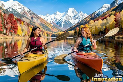 Kayaking on a calm lake, two women laugh together against snowy mountains