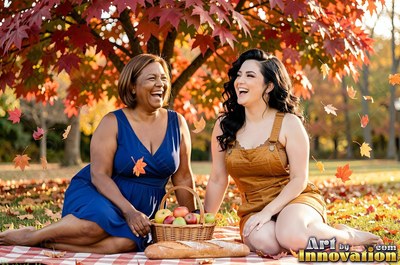 Two laughing women have an autumn picnic under a red maple tree