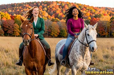 Wearing a green blazer and purple sweater, two adult women are riding horses in an autumn field
