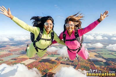 Skydiving high above farmland, two cheerful women hold hands in flight