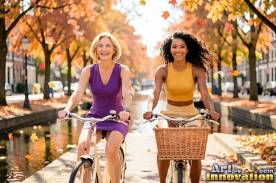 Wearing a purple dress, a woman and her friend ride bicycles along an autumn canal path