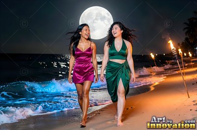 Both women walk along the shore under a full moon that lights the blue surf