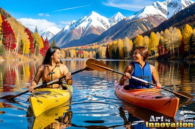Facing each other on a calm mountain lake, two women smile from kayaks