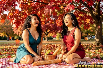 Two smiling women having a picnic together under a red autumn tree