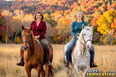 In an autumn field, two cheerful women travel on horses near colorful trees