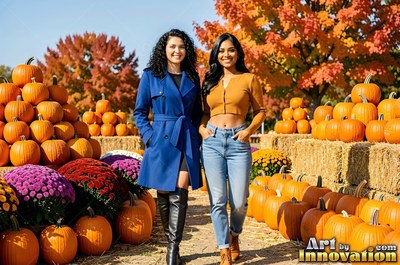 Standing side by side, two women smile outdoors by stacks of orange pumpkins