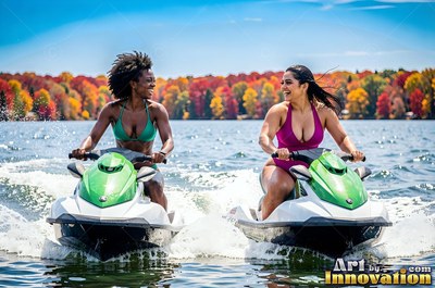 Both women smiling on jet skis on a sunny lake