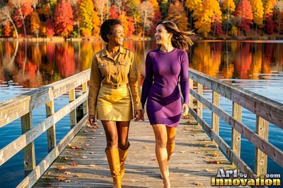 Wearing tall yellow boots, two woman friends walk hand in hand down a wooden pier by an autumn lake