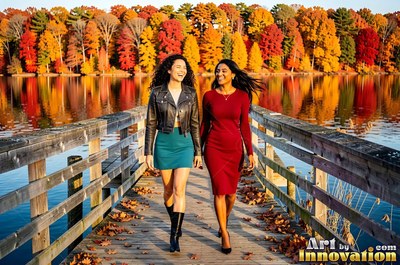 Walking forward on a wooden dock, two smiling women enjoy the bright fall lake