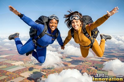 Skydiving together, two smiling women hold hands high above the clouds