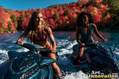 Two woman friends ride jet skis across a lake backed by bright red trees with fall foliage
