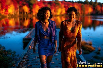 Walking side by side, two grinning women stroll along a wooden dock by a lake