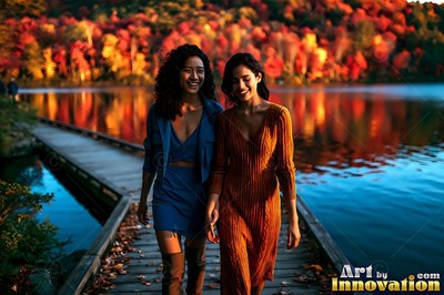 On a wooden lake pier, two happy women walk together before red fall trees