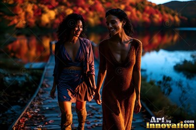 Walking along a wooden dock, two grinning women hold hands by a lake at dusk