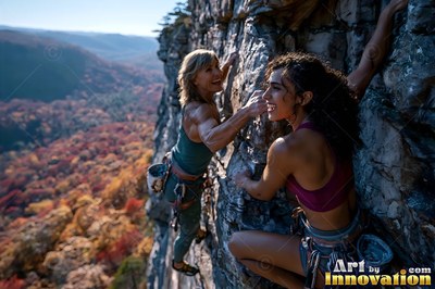 Wearing chalk bags and harnesses on a sunny rock cliff, two adult women smile as they climb