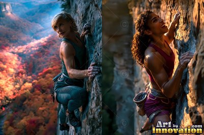 Two women climb vertical rock faces above fall trees in warm sunlight
