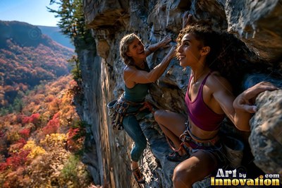 Climbing side by side, two women scale a rocky cliff high above autumn woods