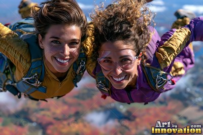 Two smiling women skydive side by side in yellow and purple suits high above the ground