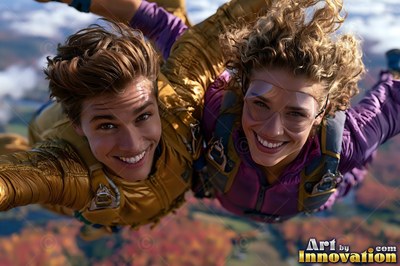 In the open sky, two smiling women skydiving in gold and purple suits
