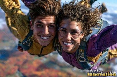 Skydiving through bright air, a smiling woman in purple falls beside a friend