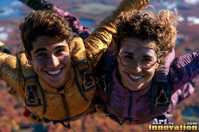 Both women skydiving together over land in bright sunlight