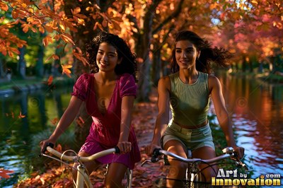 Wearing a purple dress, a woman rides a bicycle beside another woman along a canal under orange fall trees