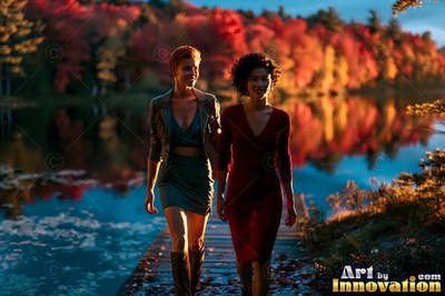 Two woman friends walk along a dock by a lake in the warm light of red trees in autumn