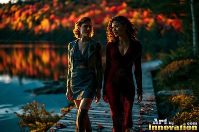 Walking side by side on a wooden dock, two women in dresses smile at sunset
