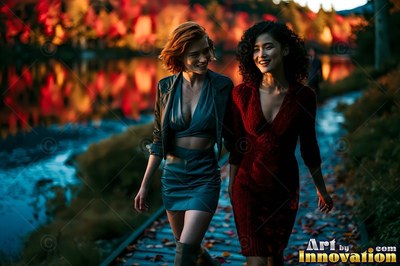 Two adult women in stylish dresses walk along a dark path by trees with fall foliage