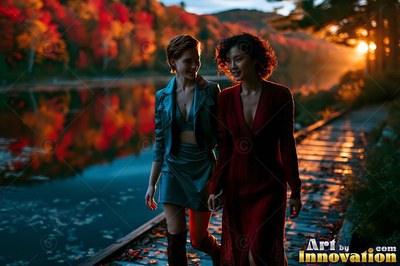 On a wooden path by an autumn lake, two women walk together at sunset