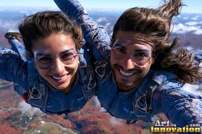 Skydiving in blue jumpsuits, two cheerful women look down toward the sunny ground
