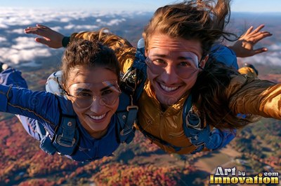 Both women smiling as they skydive in blue and yellow gear