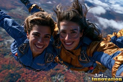 Windblown hair on two happy women in blue and gold jumpsuits skydiving high above the earth