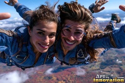 Two woman friends skydive together while smiling in blue jumpsuits under bright daylight