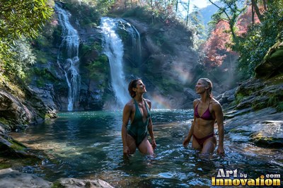 In a waterfall pool, two adult women in swimsuits stand waist-deep in clear water