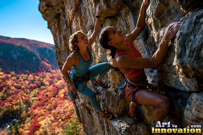 In blue and red tank tops, two women climb a rocky cliff in sunlight above red fall woods